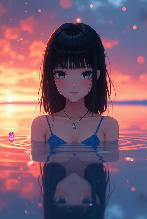 ((Top Quality)), ((Excellent)), (Details),,((Japanese)),, black hair,(childish face),((straight hair)), shiny hair, girl, medium chest, ((realistic)), realistic,((black eyes)), masterpiece, shy smile,((extreme close up)), sunset, silhouette lighting, blunt...