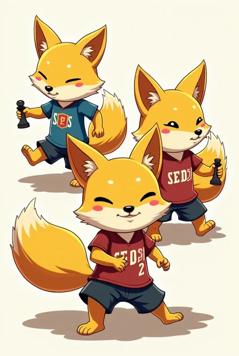 Generate 3 Anime Humanoid Yellow Fox, (Make the one in front facing in front, looks like batangueño natural clothes, representing strength), (Make the one in top left looking in left, wearing a running jersey and look like running, representing speed) and ...