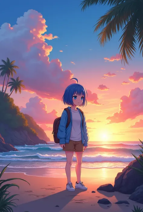 a young anime girl with blue hair and blue eyes, wearing a white shirt, a blue jacket, brown shorts, and a backpack, standing on a beach with a colorful sunset in the background, anime style, vibrant colors, detailed, sharp focus