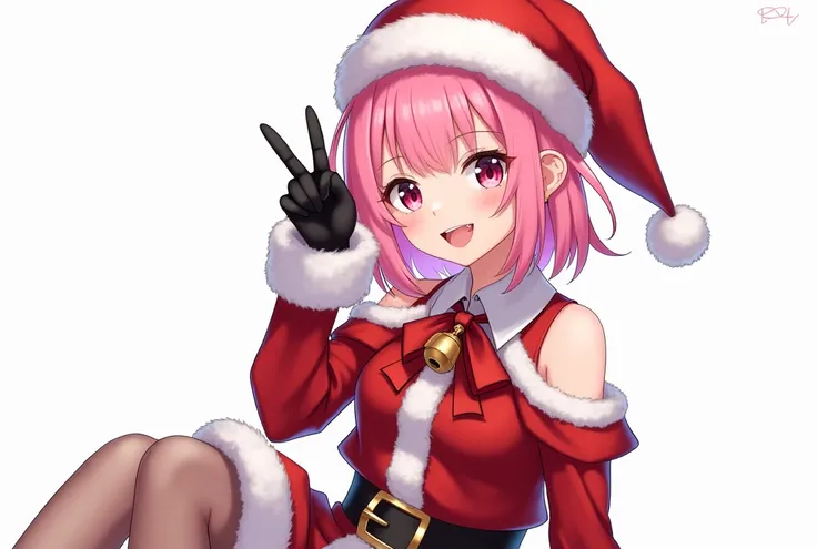 masterpiece,1girl, serina,pink_hair, gloves, black_gloves, fur_trim, hat, santa_costume, christmas, open_mouth, smile, bell, solo, red_headwear, pantyhose, white_background, pink_eyes, santa_hat, 