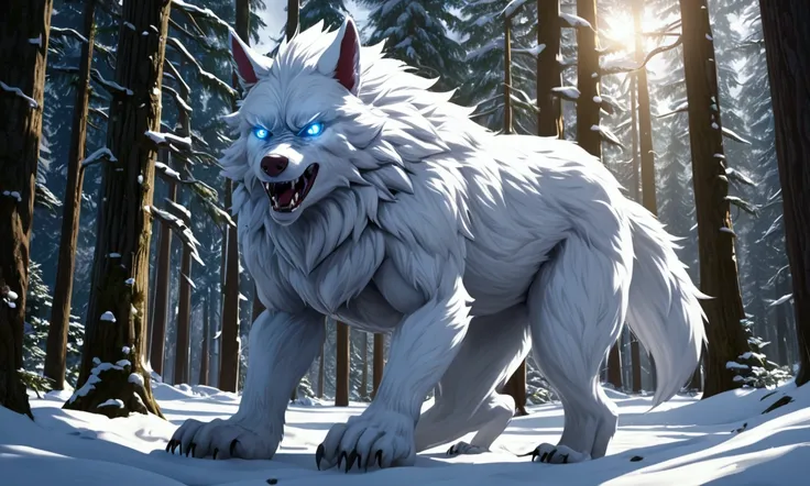 a white male wolf furry (humanoid, vicious, resembling a hungry werewolf) stalking a scared , panicked, afraid, (gorgeous, big butt, big thighs, large breasts, huge blue eyes, scared, long haired white bunny girl furry) in an evergreen forest with snow on ...