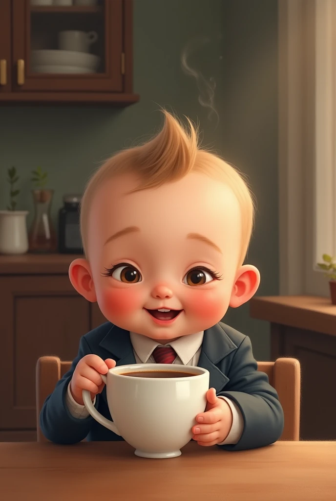 Cute chubby formal little kid with a coffee 