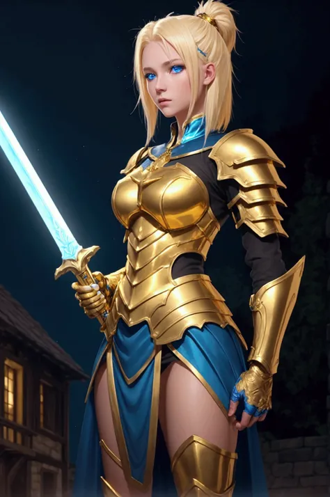 Female gold dragon in human form. Beautiful, wearing gold hoplite armor and short blue skirt glowing neon, holding a sword, shiny blonde hair, blue eyes. In a medieval town at night.