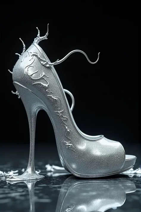 modèle 3D professionnel (ultraréaliste:1.3) une chaussure à talon haut avec un design en métal, peau brillante métallique. complexe, en argent brillant, conception de chaussures élégantes, en métal liquide and marble, pattes d&#39;insectes argentées, compl...