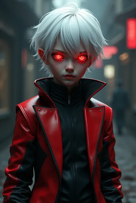 A character with red eyes, white hair, and wearing a red and black jacket. Boy