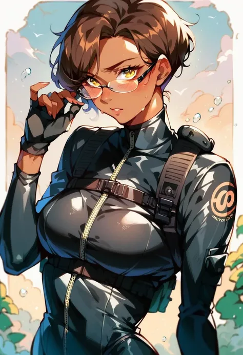 beautiful shy anime pilot woman, tanned skin, short brown hair, aviator glasses, yellow eyes, black tactical leather flightsuit, waist up