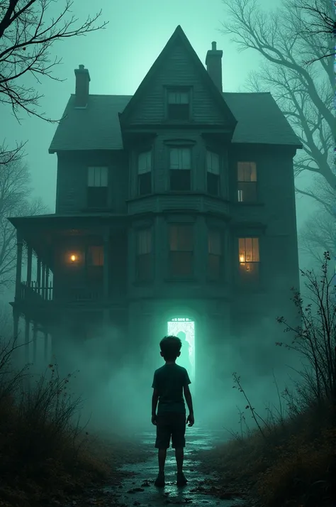  A boy stands in front of a mysterious haunted houseand the ghost is here 
