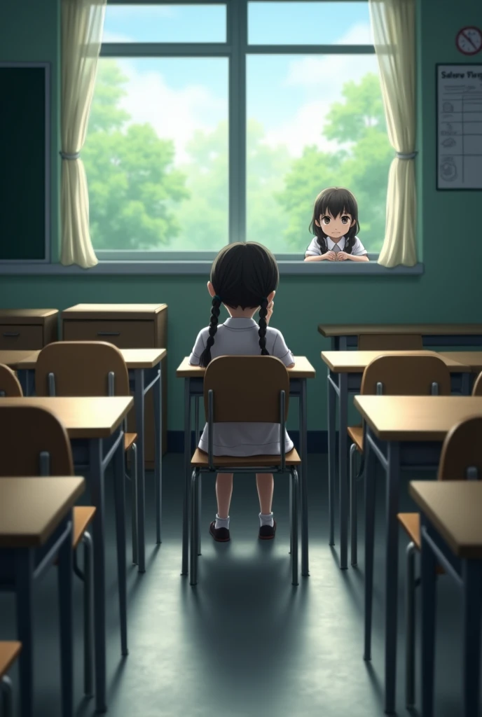 A girl of age 10  with 2side braid sitting in the Last bench of classroom..another girl looking her through windows outside.the class room is with 3 bench and desk on each side and a table on front for teacher and chalk board