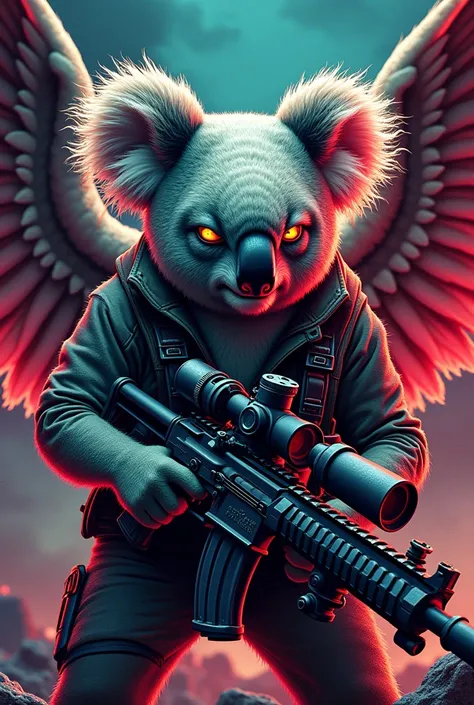 Patch with an angry koala holding a wrench and a machine gun with night vision goggles on a background with wings