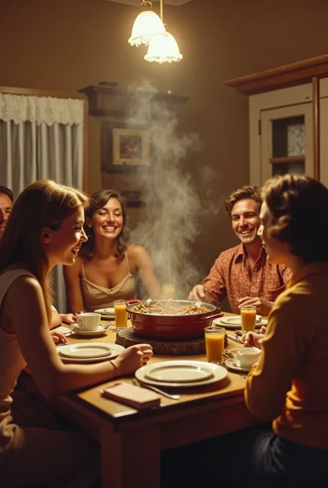 vintage-style interior photo of a dining room with a few guests sitting around a table, laughing and talking. A steaming pot of stew is on the table, with warm, brownish tones typical of 1970s color palettes. The photo should have added grain and slight di...