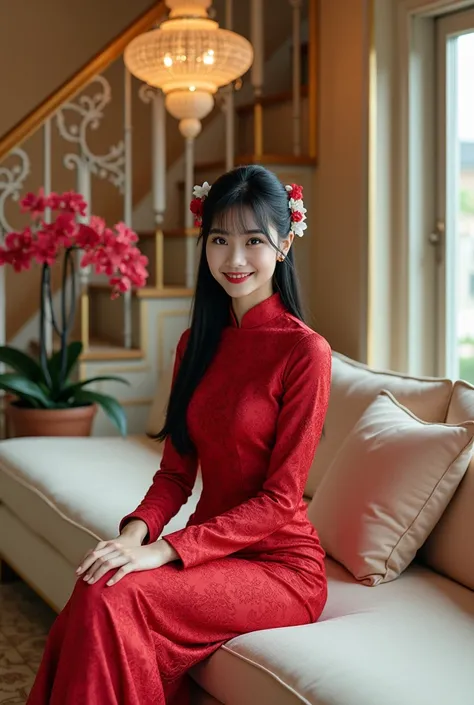 A beautiful Thai woman. clean white skin, perfectly maintained face, Korean style black hair bun with bangs and flower accessories, wearing a red lace brocade kebaya suit, posing smiling eyes looking at the camera sitting on a cream colored sofa,the backgr...