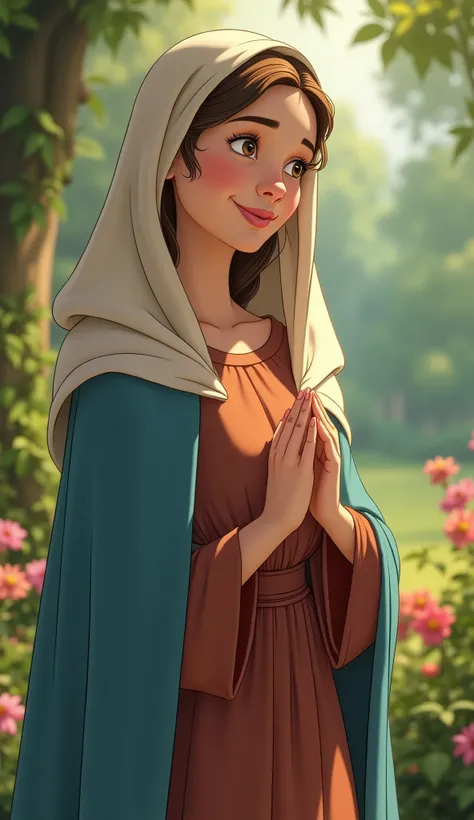 ((Disney)), Beautiful Virgin Mary, Reddish brown tunic, Blue cloak, Veil, garden