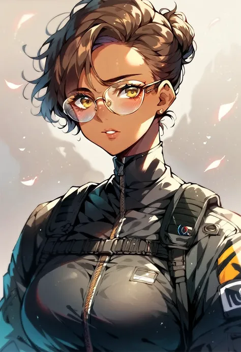 beautiful shy anime pilot woman, tanned skin, short brown hair, aviator glasses, yellow eyes, black tactical leather flightsuit, waist up