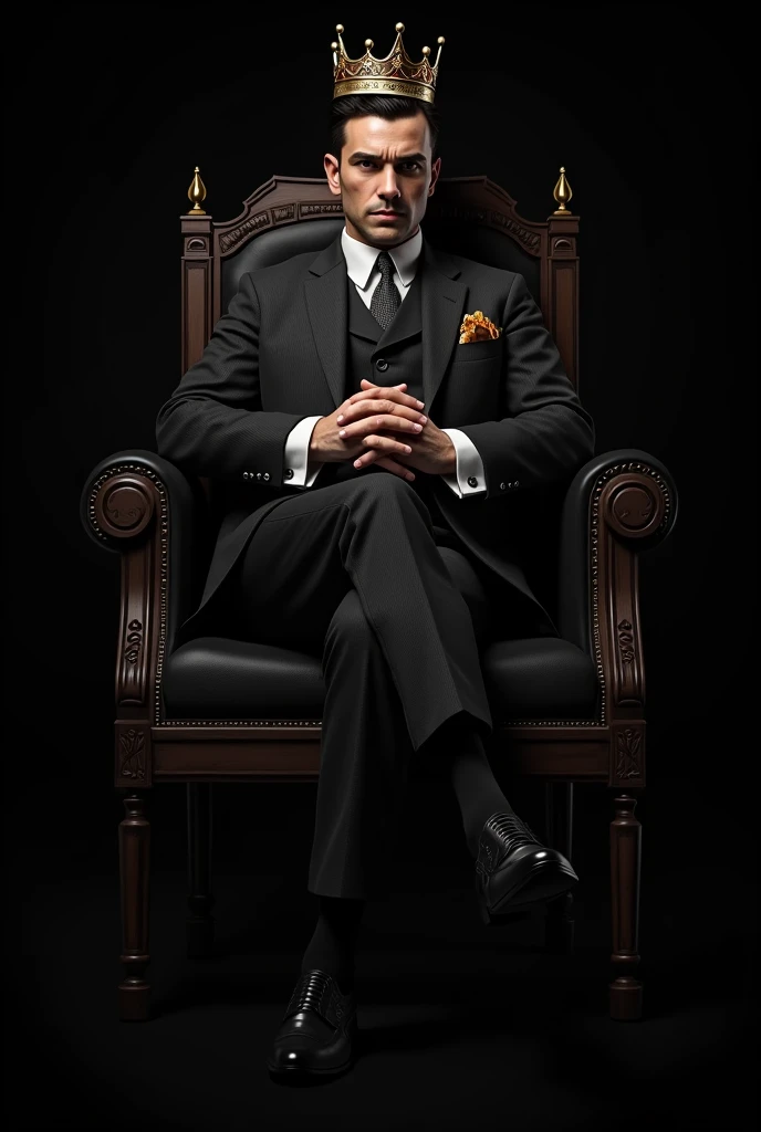 Thomas Shelby  wearing crown and sitting on throne in black background 