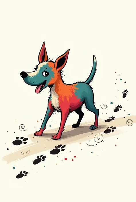 a painted dog that leaves human footsteps, illustration, doodle style 