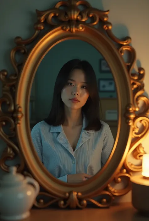 A reflection in a vintage craved bronze-framed oval mirror of a lovely Thai woman, 2, with medium-length, wearing her straight black hair down, no fringe, wearing light blue striped pyjamas, a clean face and no makeup at a dressing table in a bedroom of a ...