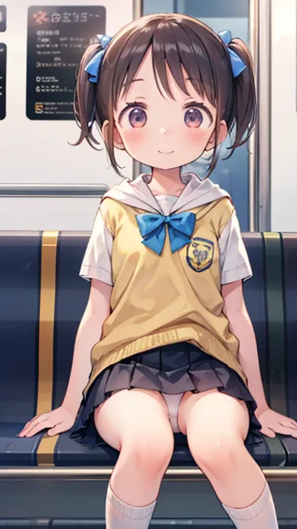 cute, train, school wear, mini skirt, white socks, 3girls, ((loli)), baby face, sitting on the train bench, blush, small breasts, happy smile, from below, panty shot