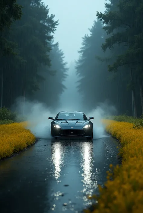  car started on road and raining thundring around yellowiss grass and forest make the car and especially road besttest at fog