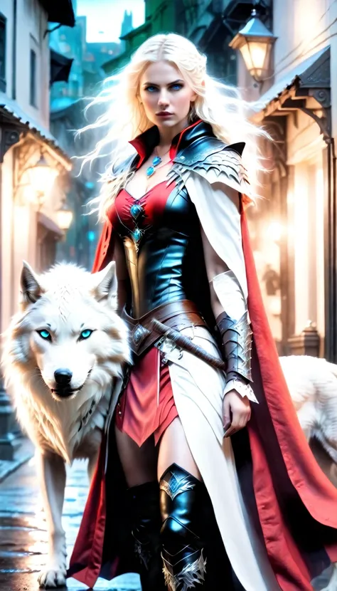 fantasy art, RPG art, ultra wide shot, RAW, photorealistic, a picture of female human ranger and her (white: 1.4) wolf pet, the ranger, an exquisite beautiful human woman, long blond hair, braided hair, green eyes, wearing leather dress, wearing (red cloak...