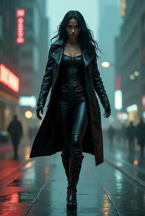 Leather woman, boots, gloves, leather coat,Matrix movie, surreal art,City,night,rainy,