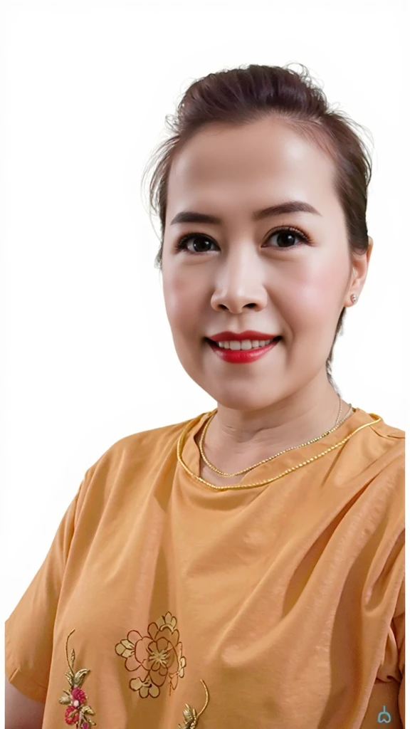 Create a portrait of a 40-year-old Thai woman with fair skin. She is wearing a beautiful traditional Thai dress. Her makeup is elegantly done, highlighting her natural beauty with well-defined eyebrows, subtle blush, and a natural lip color. Her hairstyle ...