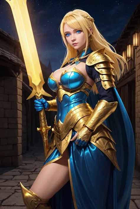 Female gold dragon in human form. Beautiful, wearing gold hoplite armor and short translucent blue skirt, her skirt glows neon, holding a sword, shiny blonde hair, blue eyes,large breasts. In a medieval town at night.