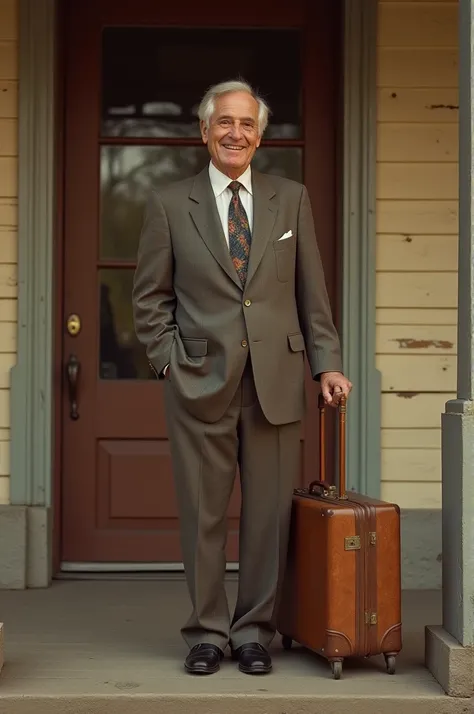 ((best quality)), ((masterpiece)), (detailed), perfect face A vintage photo of a middle-aged man (Ray Zens) in 1970s  stylescattire (a suit with a travel suitcase in hand) standing at the entrance of the inn, smiling. The background should show an old-styl...