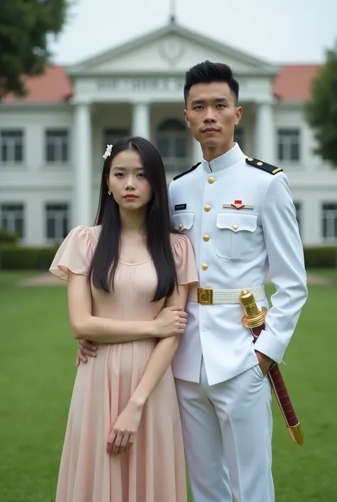 A photo of a Thai woman [] and a handsome man [2] standing side by side but a bit far from each other on a lawn of the Airforce building. The woman wears a pearl color, a baby doll-sleeved dress, long straight hair and a half-up half-down hairstyle with a ...