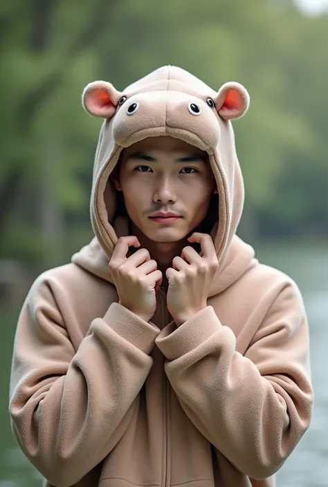 A hyperrealistic photo of a good looking asian man. His body is dressed in a baby hippo costume, holding the headpiece of the hippo costume in his hands, revealing his head (his head wears nothing). The costume is chubby and adorable, with the appearance o...