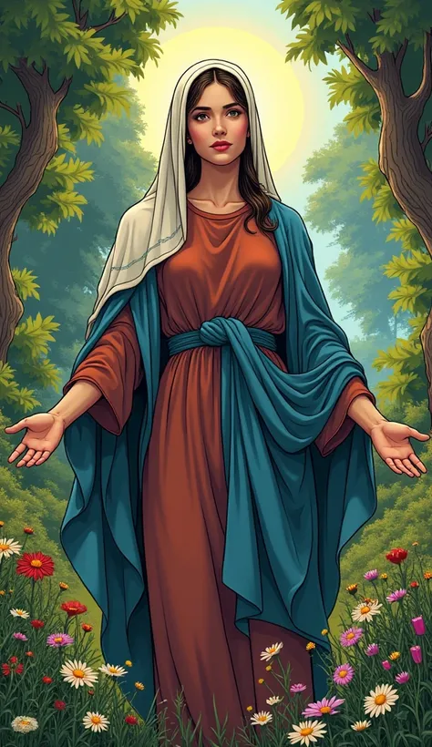 ((American Comics)), Beautiful Virgin Mary, Reddish brown tunic, Blue cloak, Veil, garden, Gently gazing at the camera, Halo