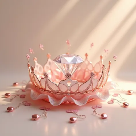 A resplendent diamond set upon an intricately designed metallic flower crown, its delicate petals shimmering with an otherworldly sheen, surrounded by tiny, dancing metallic hearts in soft pink hues, set against a serene light beige background, radiating e...