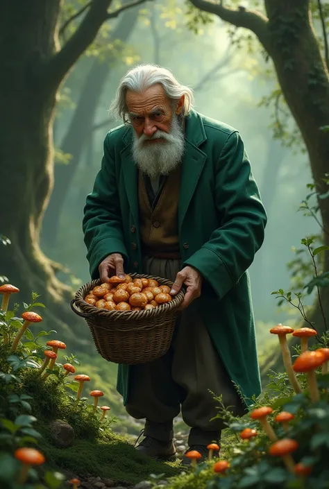 An old man with gray hair in a green suit is picking mushrooms in a woven basket in the forest.