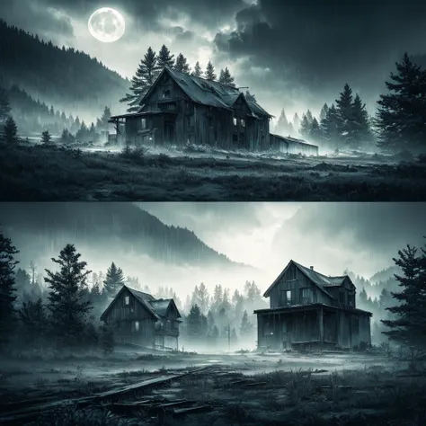 dark cloudy sky, cold winter landscape, gloomy forest, old abandoned house, moonlight, mist, melancholic mood, dramatic lighting, cinematic composition, moody atmosphere, dark colors, high contrast, emotional tension, unsettling narrative, photorealistic, ...