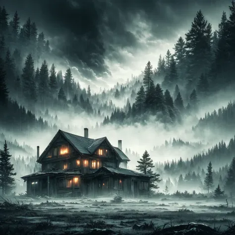 dark cloudy sky, cold winter landscape, gloomy forest, old abandoned house, moonlight, mist, melancholic mood, dramatic lighting...