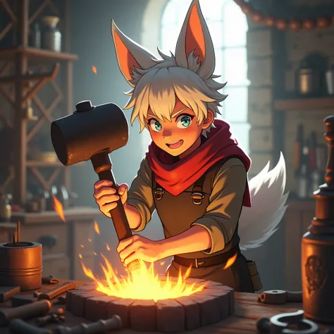 anime boy, blacksmith, orelhas de raposa branca, hammer