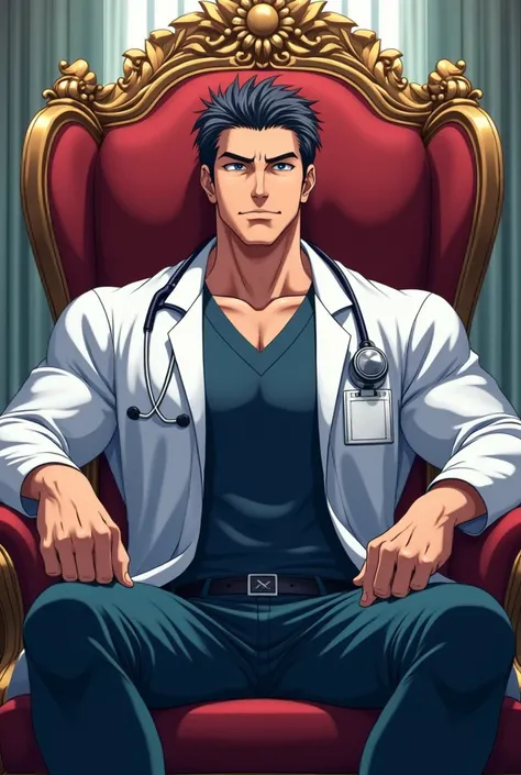 High quality smart handsome satisfaction happy and healthy muscular serious look young great doctor sit on the throne anime image 