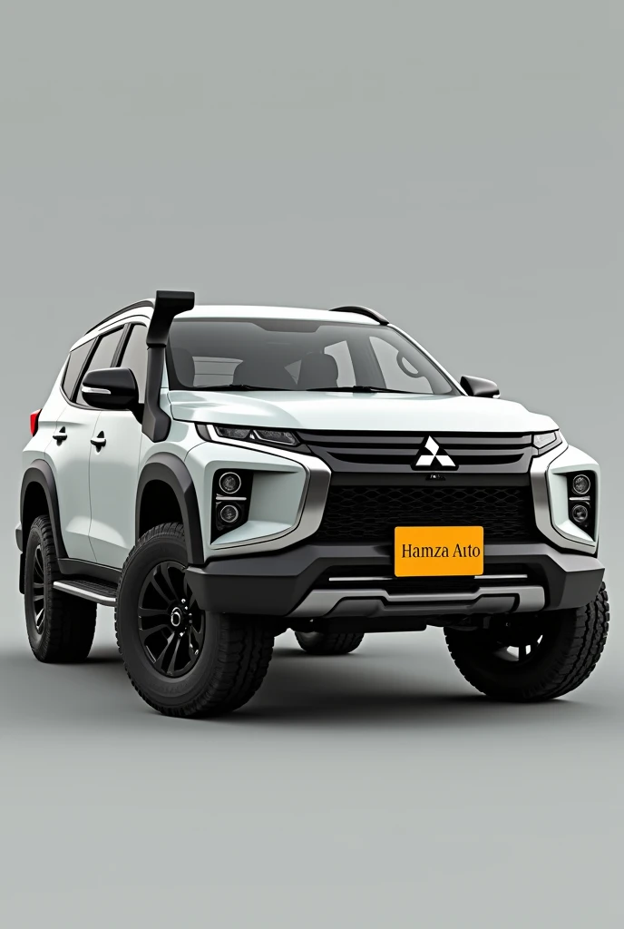 
"Create a 3D image of a  Mitsubishi pajero a yellow license plate displaying the name " HAMZA AUTO"