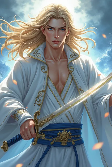 Make a murim manhwa character, with long yellow hair, he has blue eyes, he wears a white cloak with white and gold details, he has a sword of destruction, he is a man and handsome with a younger appearance . I don&#39;t want a realistic character just from...