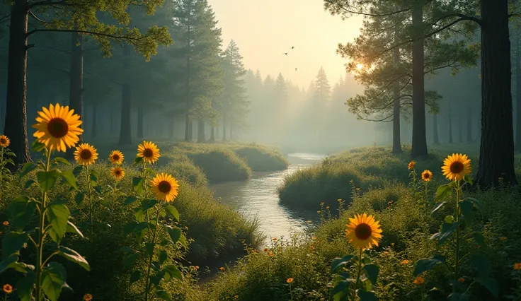 create images of european forests in the morning, image and perspective as if it were a drone, be realist, put flowers.
sunflower