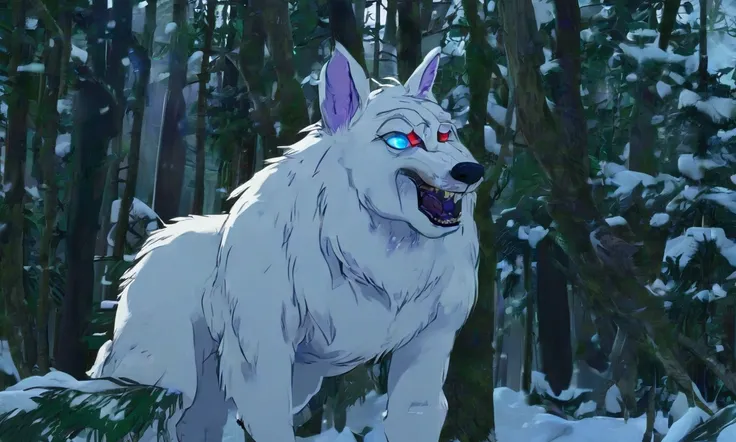 a white male wolf furry (humanoid, vicious, resembling a hungry werewolf) stalking a scared , panicked, afraid, (gorgeous, big butt, big thighs, large breasts, huge blue eyes, scared, long haired white bunny girl furry) in an evergreen forest with snow on ...