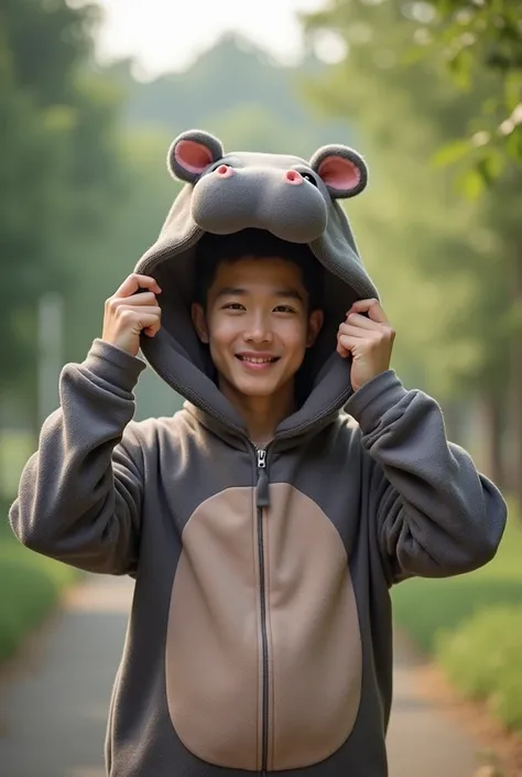 A hyperrealistic photo of a good looking 3 Thai man. His body is dressed in  a realistic baby hippo costume, holding the headpiece of the hippo costume in his hands, revealing his head (his head wears nothing). The costume is chubby and adorable, with the ...