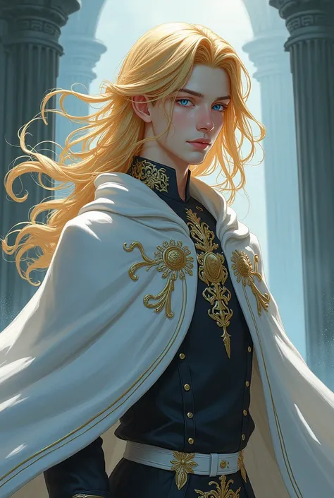 Make a murim manhwa character, with long yellow hair, he has blue eyes, he wears a white cloak with white and gold details, he is a man and handsome with a younger appearance . I don&#39;t want a realistic character just from murim manhwa.