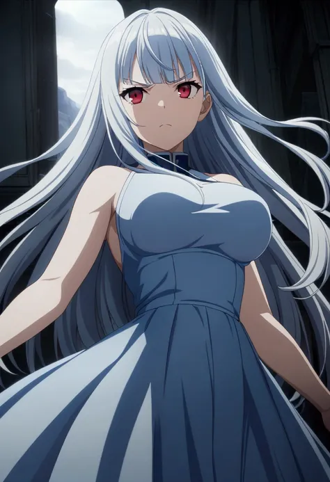 1girl, platinum blue long hair, red eyes, big breast, serious expression, white and blue dress, no sleeves, CG, screenshot