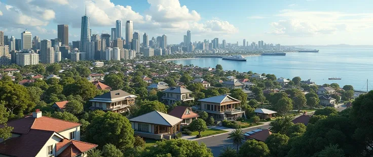 A photo realism of a  developed city with  beautiful houses similar to that of Australia parks and tress and a busy port with ships coming in