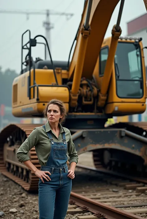 a hydraulic excavator on rails, broken-down. A stressed mechanic looks at her, powerless.