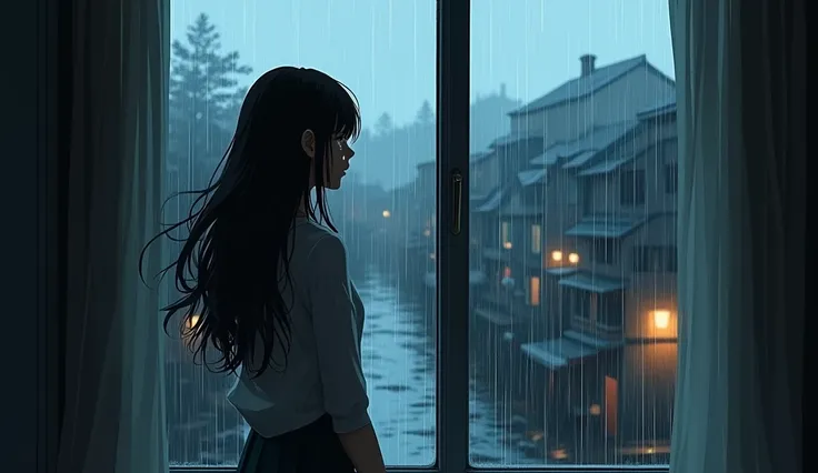 rain、Are crying、最high quality、high quality、window、Long Hair、Town、Illustration anime style,