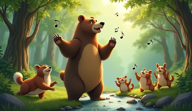 bear standing on his hind legs, singing a song, with a forest backdrop, and other animals clapping and dancing around him.