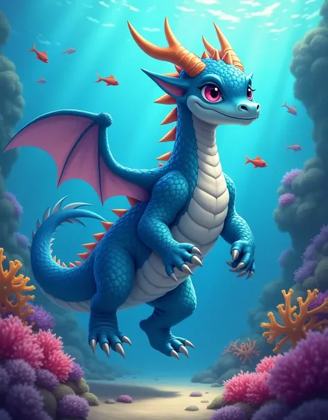 Sea Dragon King、Dragons，Long fins on the back，thick chest、8 pack abs、Strong body。background：seabed、A group of small fish swim again、Coral Reef。Handsome style、Mature、Cartoon