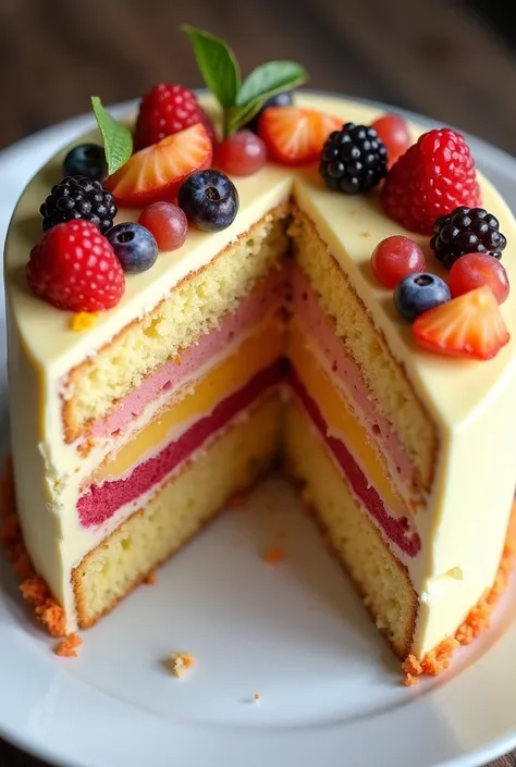 A beautiful slice of three-filling cake