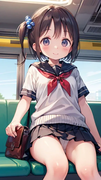 cute, train, school wear, mini skirt, white socks, 3girls, ((loli)), baby face, sitting on the train bench, blush:1.5, small breasts, happy smile, from below, panty shot, skirt lift